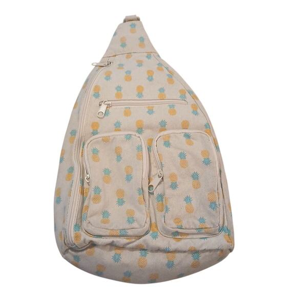 Hawaiian Pineapple Print Canvas Sling Strap Shoulder Backpack 4-Pocket Zip Close - Picture 1 of 8